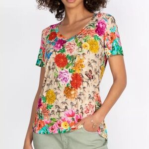 Johnny Was Lace garden favourites short sleeve v-neck womens shirt
